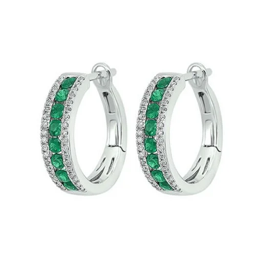 14k Emerald and Diamond 3 Row Fashion Hoop Earrings