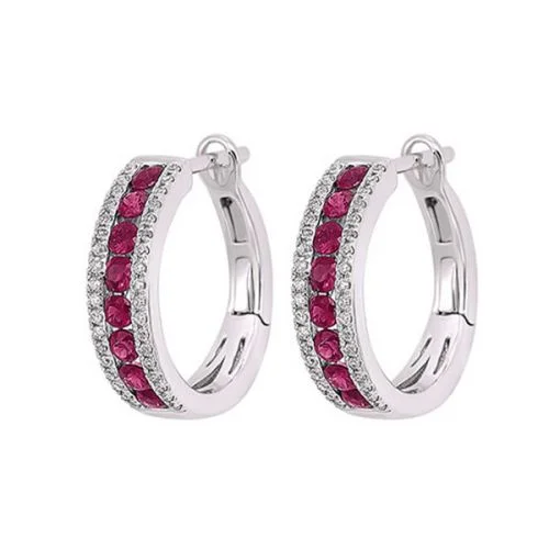 14k Ruby and Diamond 3 Row Fashion Hoop Earrings