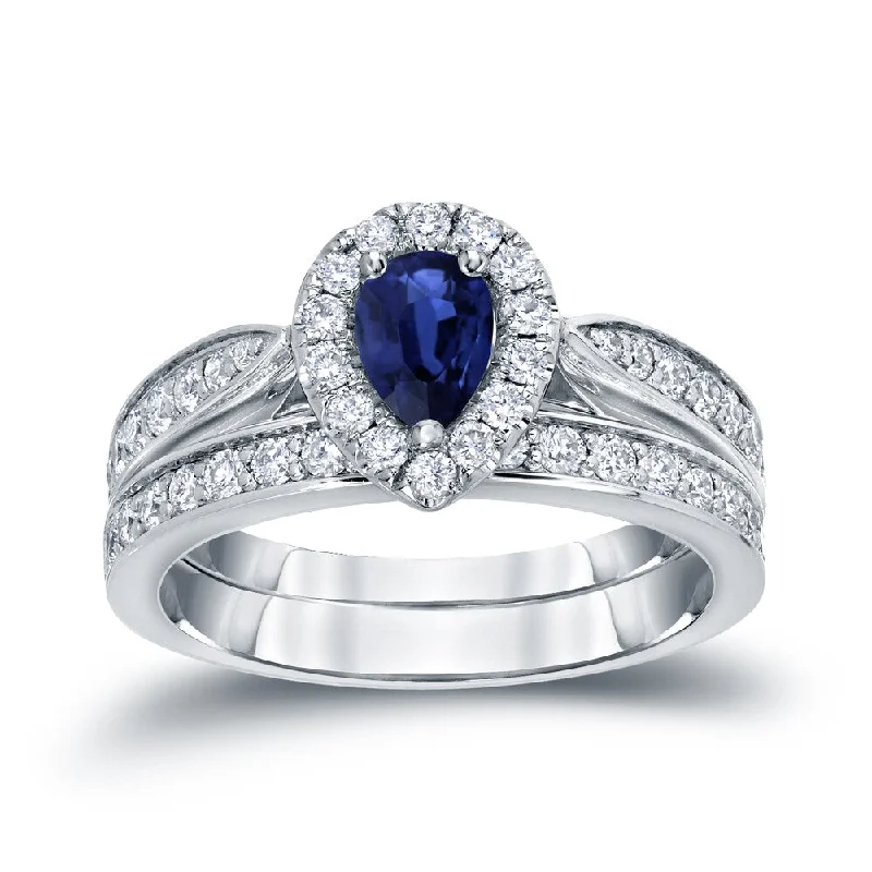 14k Gold 1/2ct Pear Shaped Sapphire and 1/2ct TDW Halo Diamond Engagement Ring Set by Auriya