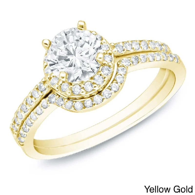 14k Gold 1ct TDW Certified Round Diamond Halo Engagement Ring Set by Auriya