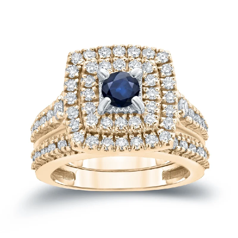 14k Gold 2/5ct Sapphire and 1 1/5ct TDW Diamond Halo Engagement Ring Set by Auriya