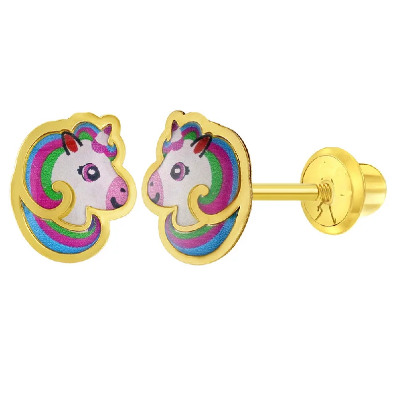 14k Rainbow Mane Unicorn Children's Screw Back Earrings