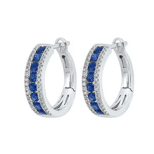 14k Sapphire and Diamond 3 Row Fashion Hoop Earrings