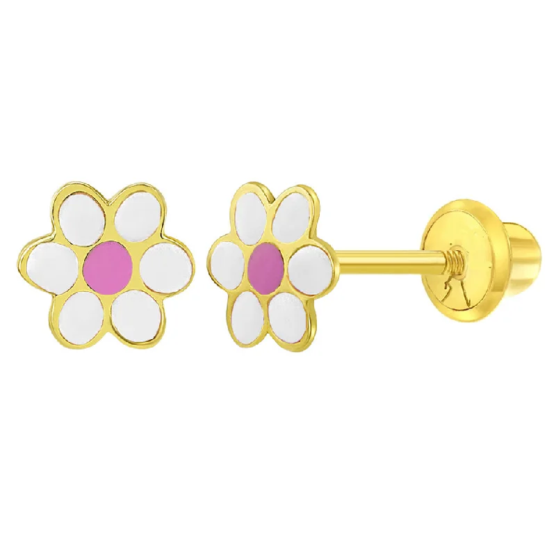 14k White Flower Children's Screw Back Earrings