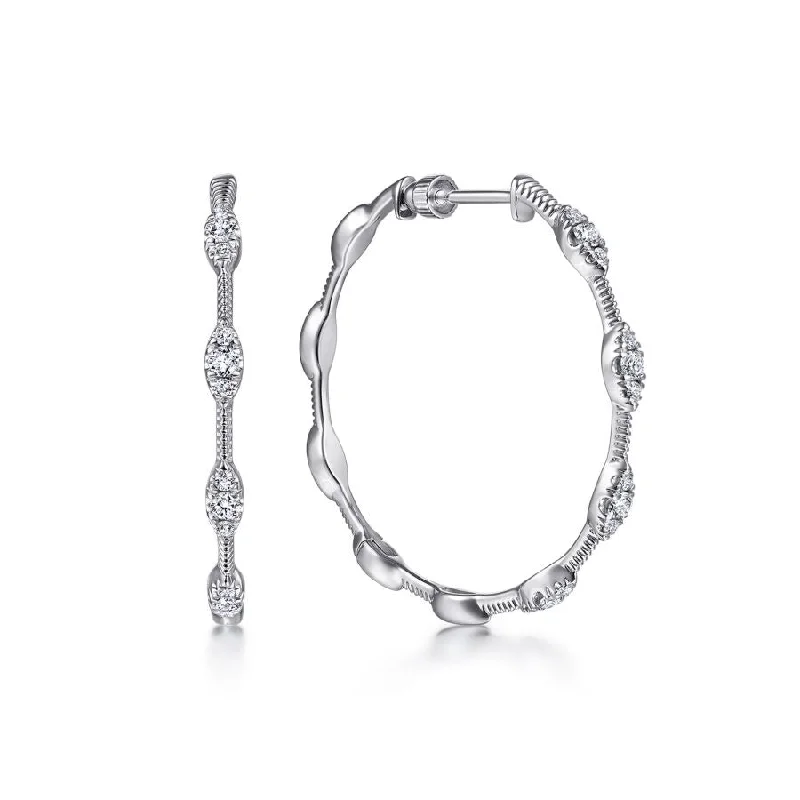 14K White Gold 30mm Round Classic Diamond Hoop Earrings