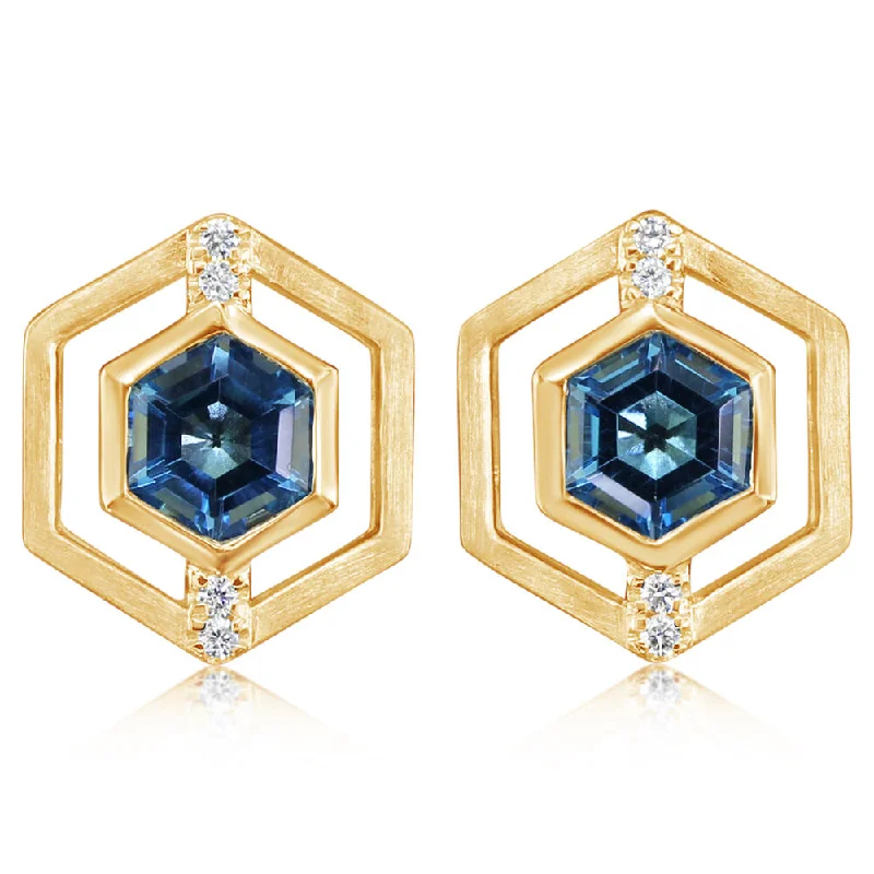 14K Yellow Gold Blue Topaz/Diamond Earrings