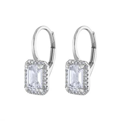 14KT GOLD DIAMOND WHITE TOPAZ RECTANGLE DROP EARRING