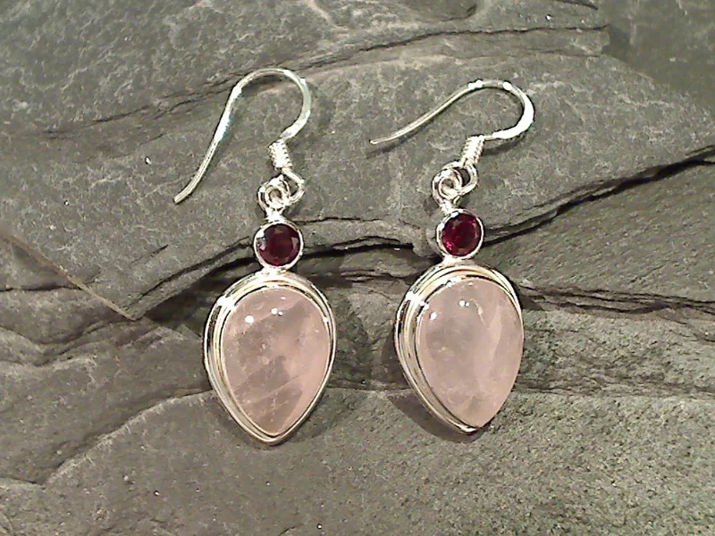 Rose Quartz, Garnet, Sterling Silver Earrings