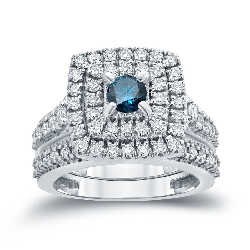 Auriya 1 3/5ctw Blue Halo Diamond Engagement Ring Set 14k Gold