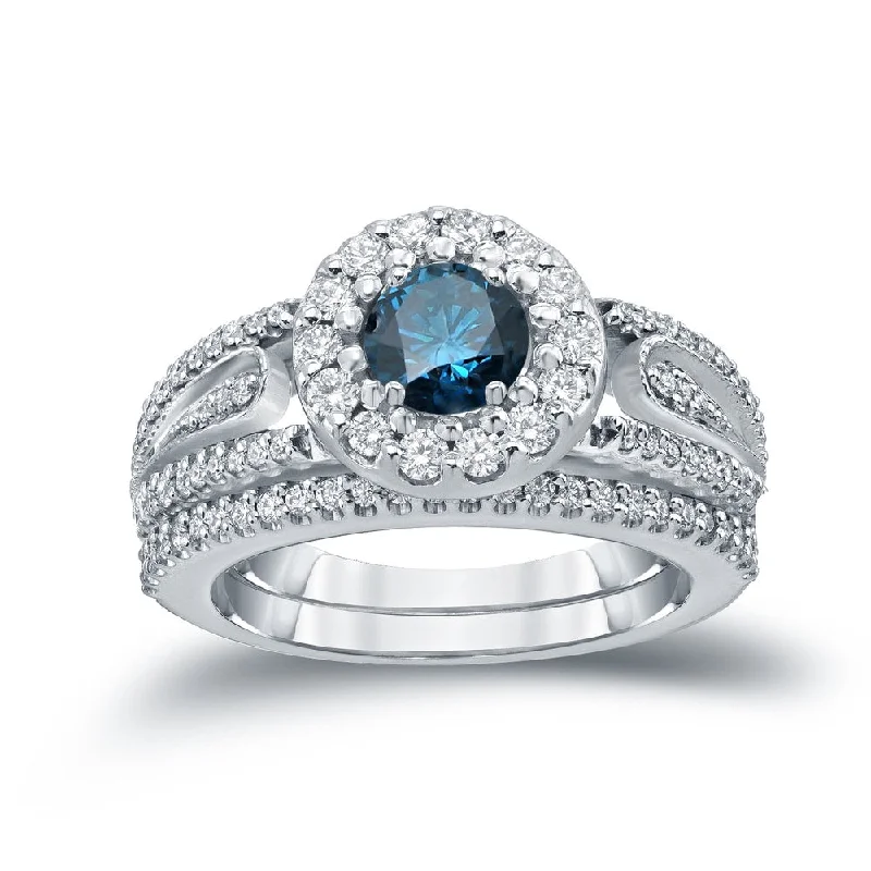 Auriya 1 3/5ctw Blue Halo Diamond Engagement Ring Set 14k Gold