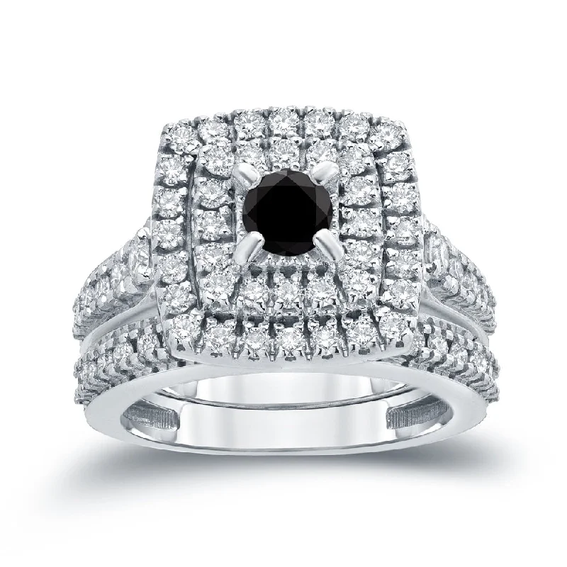 Auriya 1 3/5ctw Halo Black Diamond Engagement Ring and Wedding Band Set 14k Gold