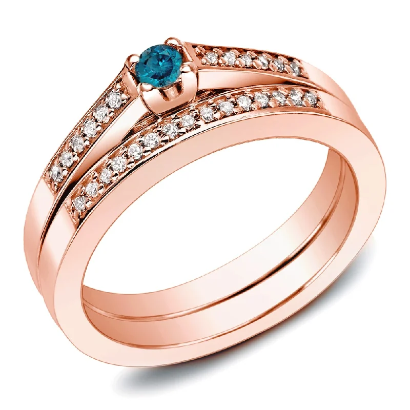 Auriya 10k Rose Gold 1/4cttw Petite Blue Diamond Engagement Ring Set