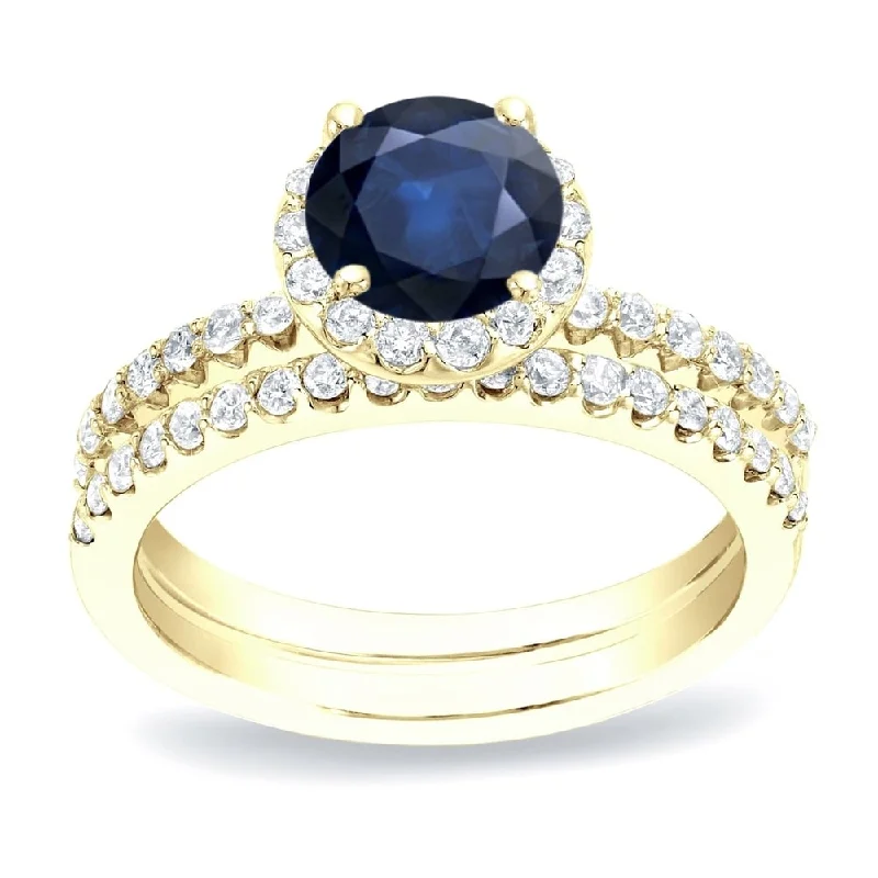 Auriya 14k Gold 1/2ct Blue Sapphire and 3/4ctw Halo Diamond Engagement Ring Set