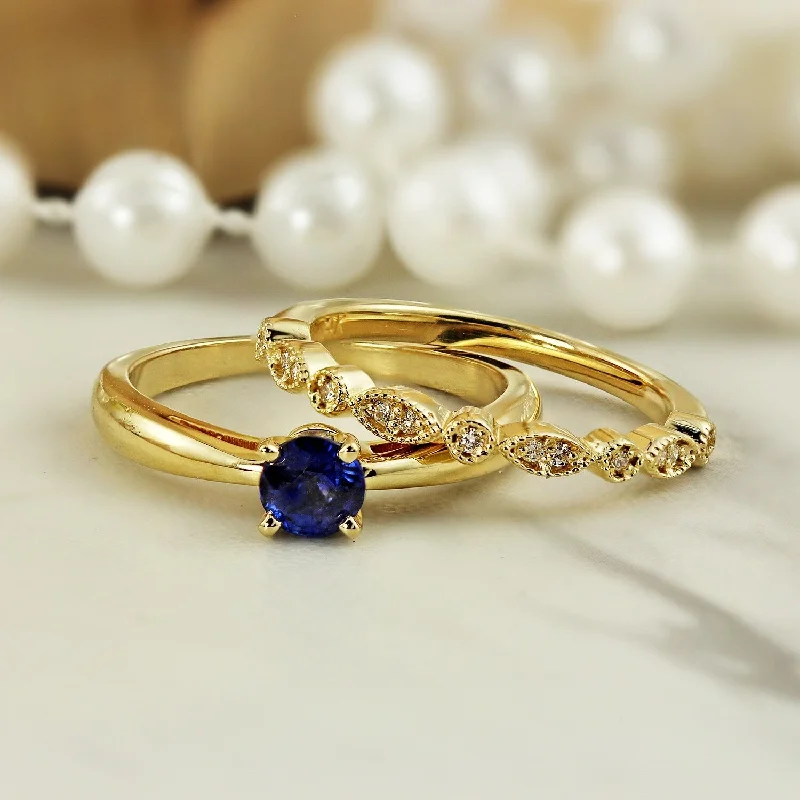 Auriya 14k Gold 1/2ctw Vintage Solitaire Sapphire Engagement Ring Set 1/6ctw