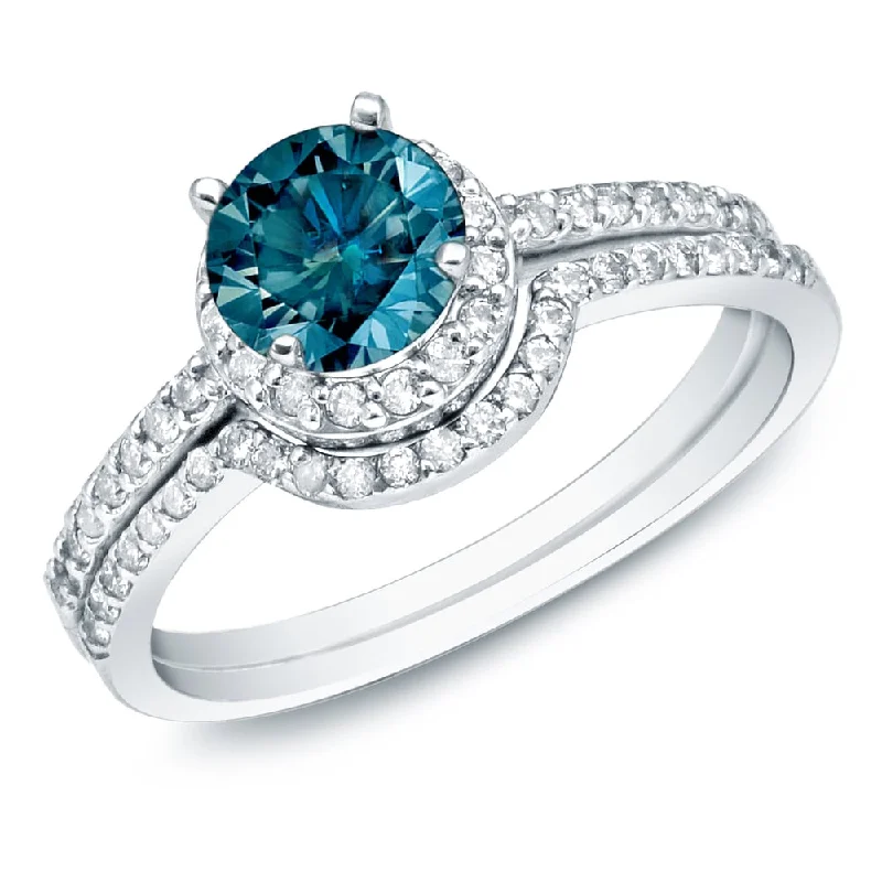 Auriya 14k Gold 1ctw Round Blue Diamond Halo Engagement Ring Set