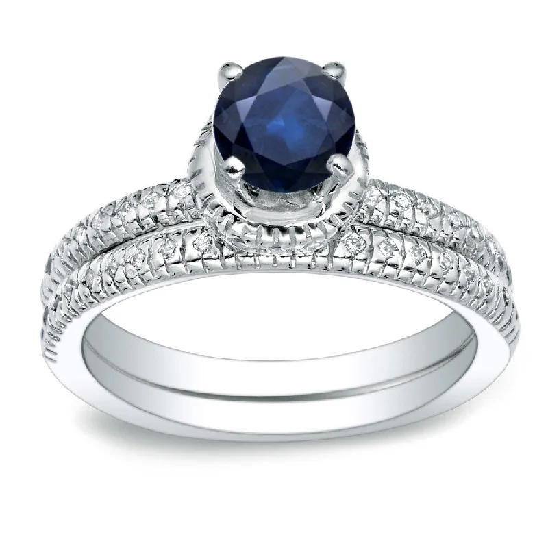 Auriya 14k Gold 3/4ct Round Blue Sapphire and 1/4ctw Diamond Engagement Ring Set