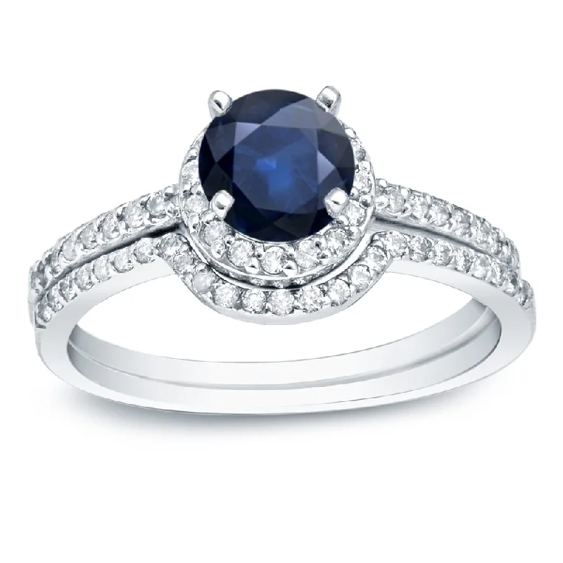 Auriya 14k Gold 3/5ct Sapphire and 2/5ctw Halo Diamond Engagement Ring Set