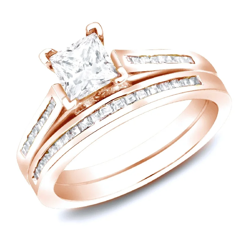 Auriya 14k Rose Gold 1 1/2ctw Modern Princess-cut Diamond Engagement Ring Set Certified