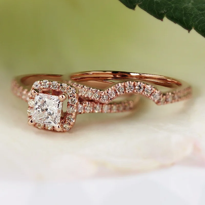 Auriya 14k Rose Gold 1 1/5ctw Princess-cut Halo Diamond Engagement Ring Set