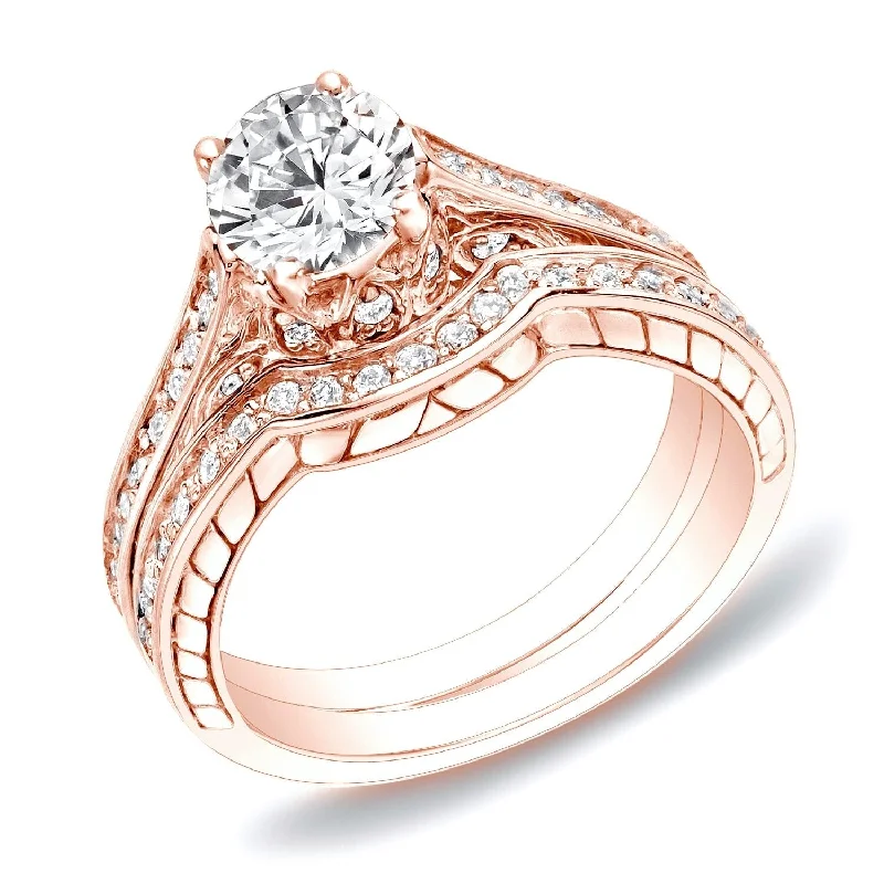 Auriya 14k Rose Gold 1ctw Carved Diamond Engagement Ring Set