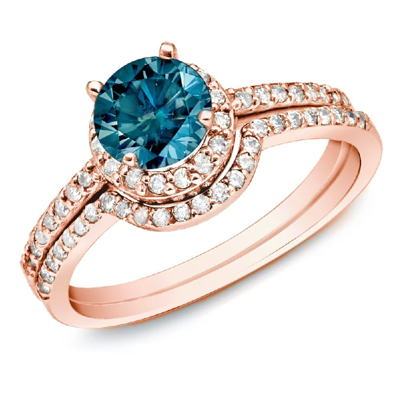 Auriya 14k Rose Gold 1ctw Halo Blue Diamond Engagement Ring Set