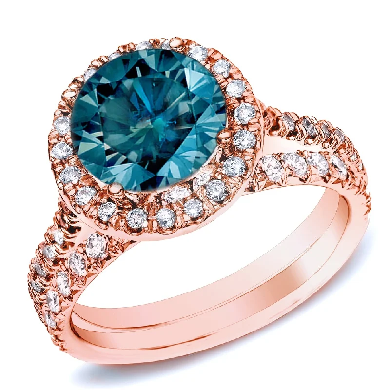 Auriya 14k Rose Gold 1ctw Round Blue Diamond Halo Engagement Ring Set