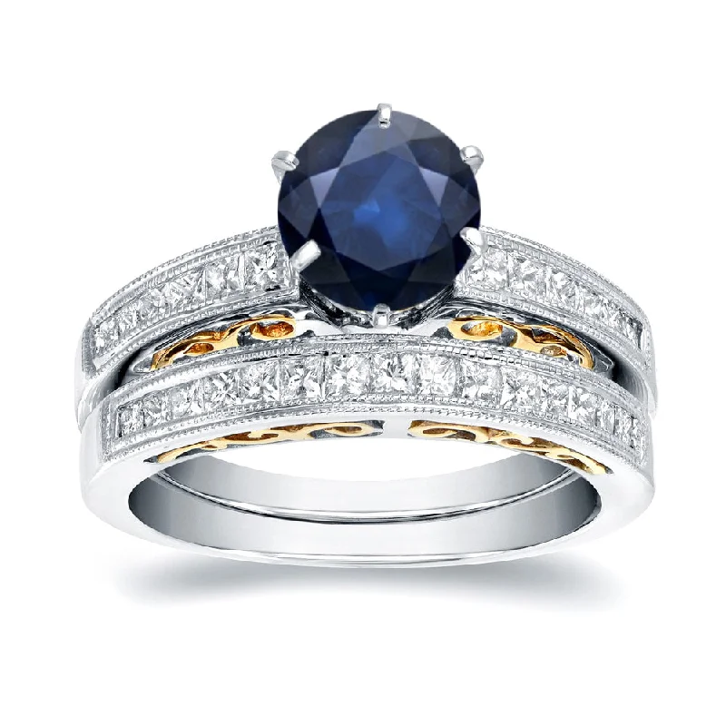 Auriya 14k Two-Tone Gold 1ct Vintage Sapphire and Diamond Engagement Ring Set 3/4ctw