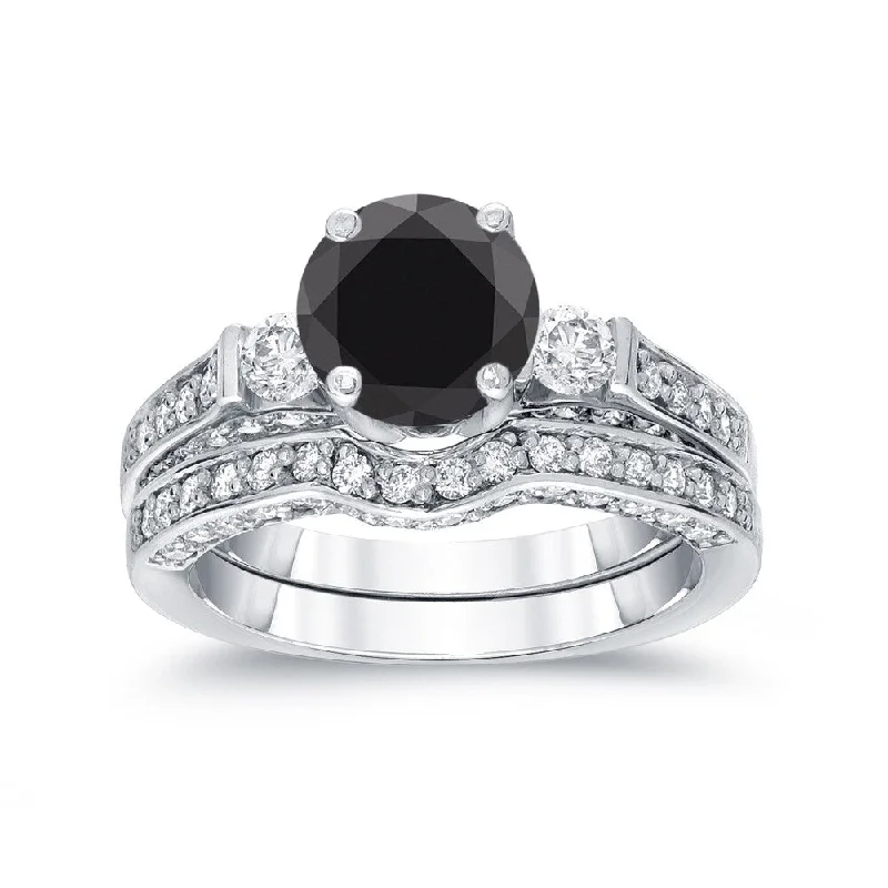 Auriya 2 carat TW Round 3 Stone Black Diamond Engagement Ring Set 14k Gold