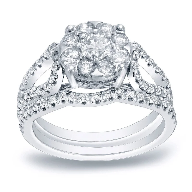 Auriya Modern 1 carat TW Round Halo Diamond Engagement Ring Set Platinum Gold