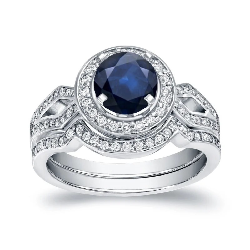 Auriya Modern Round 1ct Sapphire and 2/5ct TDW Diamond Halo Engagement Ring Set 14k Gold