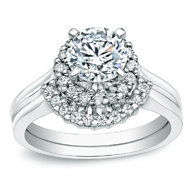 Auriya Nested 1ct TDW Round Diamond Halo Engagement Ring Set Platinum Certified