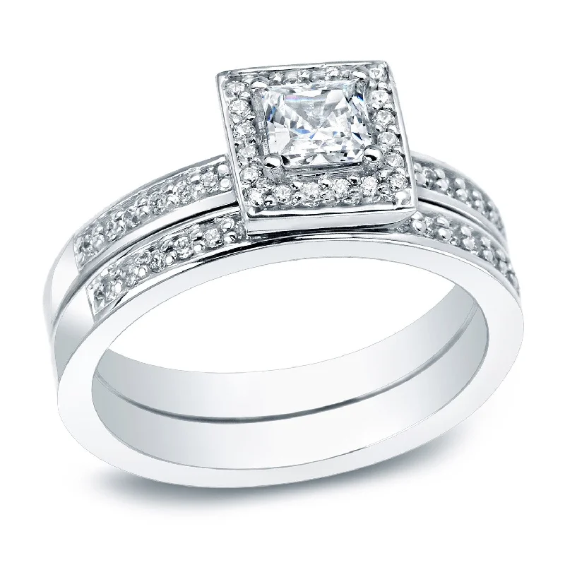 Auriya Platinum 1/2ctw Princess-cut Halo Diamond Engagement Ring Set