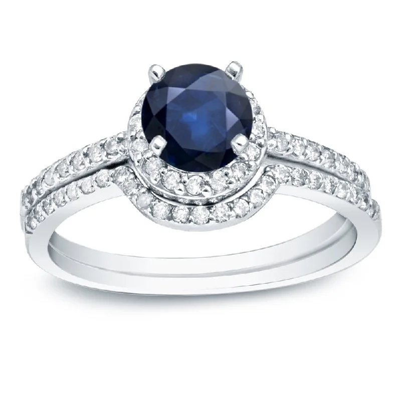 Auriya Platinum 3/5ct Blue Sapphire and 2/5ct TDW Round Halo Diamond Engagement Ring Set