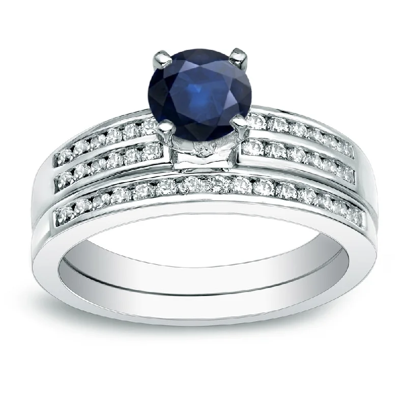 Auriya Platinum 3/5ct Round Blue Sapphire and 2/5ct TDW Diamond Engagement Ring Set