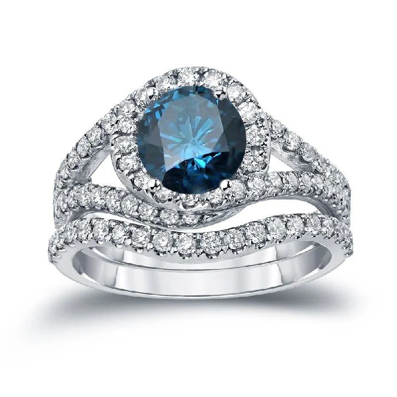 Auriya Round 1 7/8ctw Blue Halo Diamond Engagement Ring Set 14k Gold