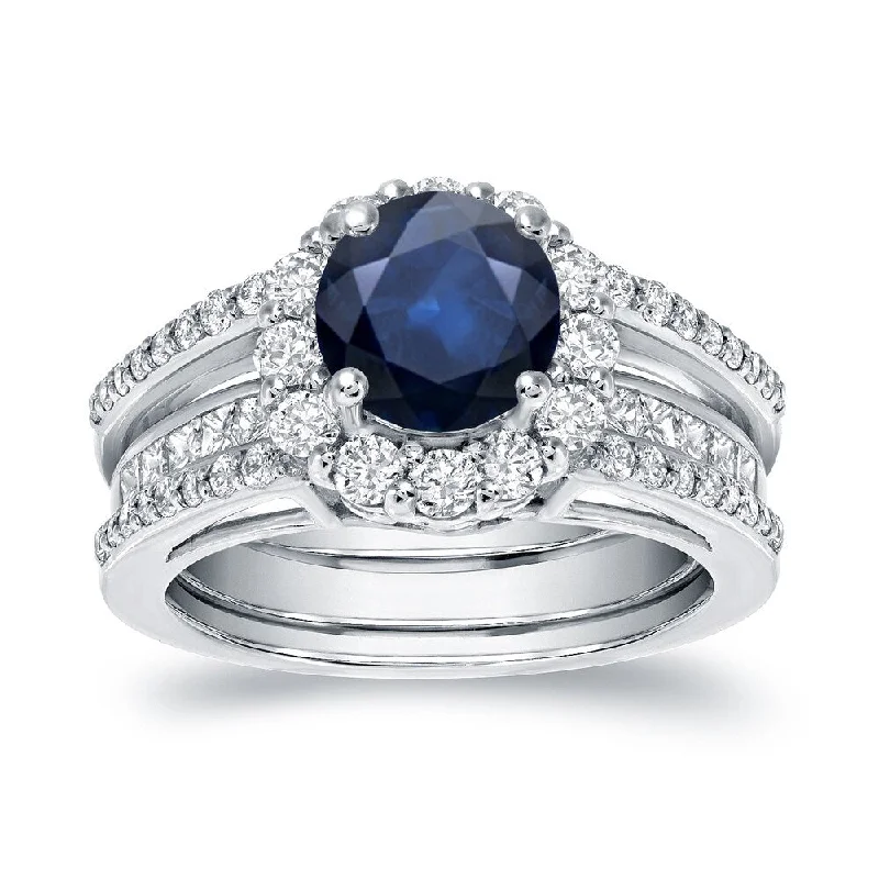 Auriya Round 7/8ct Sapphire and 1 1/6ct TDW Diamond Halo Engagement Ring Set 14k Gold