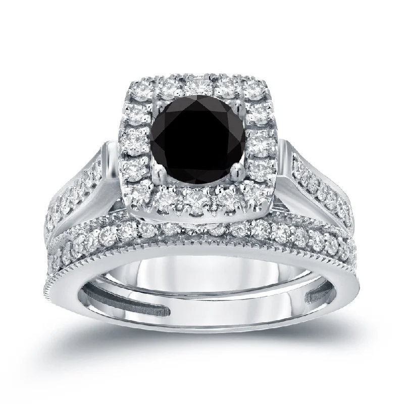 Auriya Vintage 1ctw Round Halo Black Diamond Engagement Ring Set 14k Gold