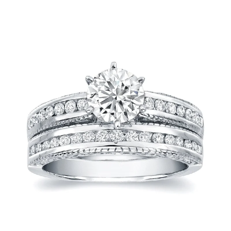 Auriya Vintage Inspired 1 1/2ct TDW Round Diamond Engagement Ring Set 14K Certified