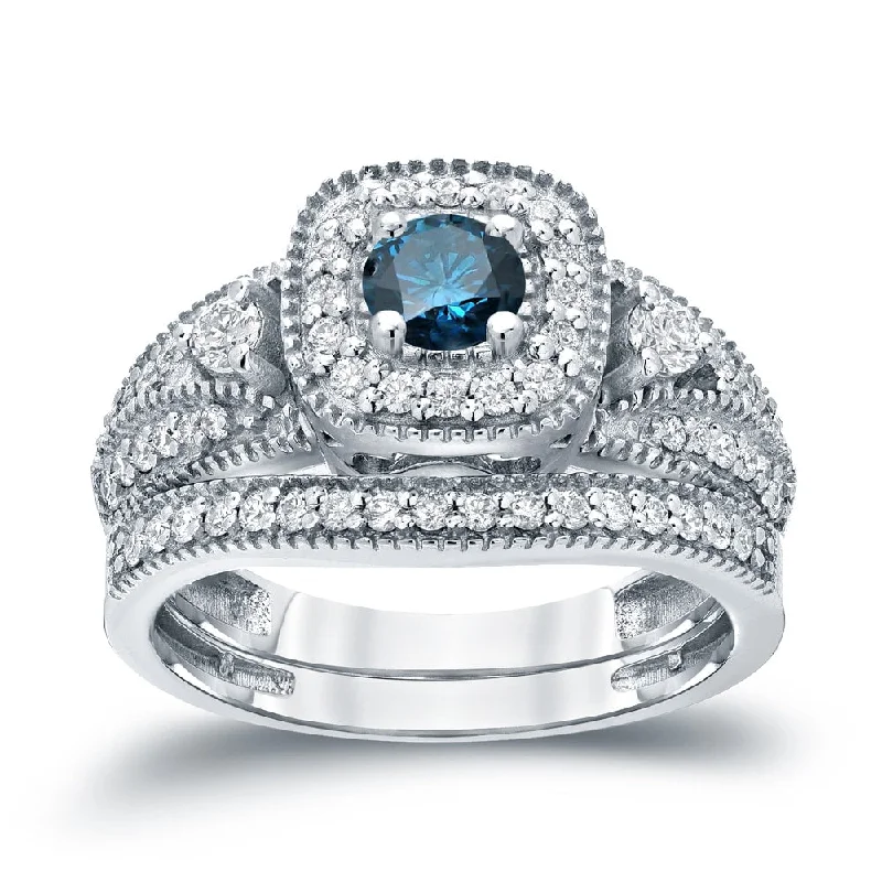 Auriya Vintage Milgrain 3/4ctw Round Halo Blue Diamond Engagement Ring Set 14k Gold