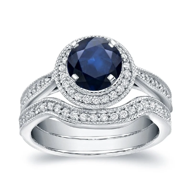 Auriya Vintage Round 1ct Sapphire and 3/5ct TDW Diamond Halo Engagement Ring Set 14k Gold