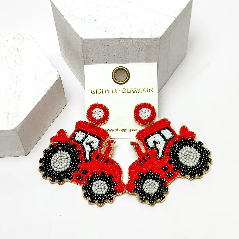 Beaded Tractor Post Back Earrings in Red