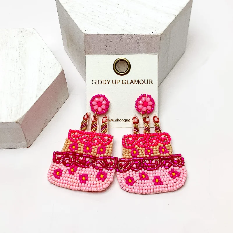 Birthday Cake Beaded Earrings in Hot Pink