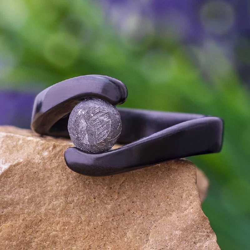 Black Engagement Ring with Tension Set Meteorite Stone