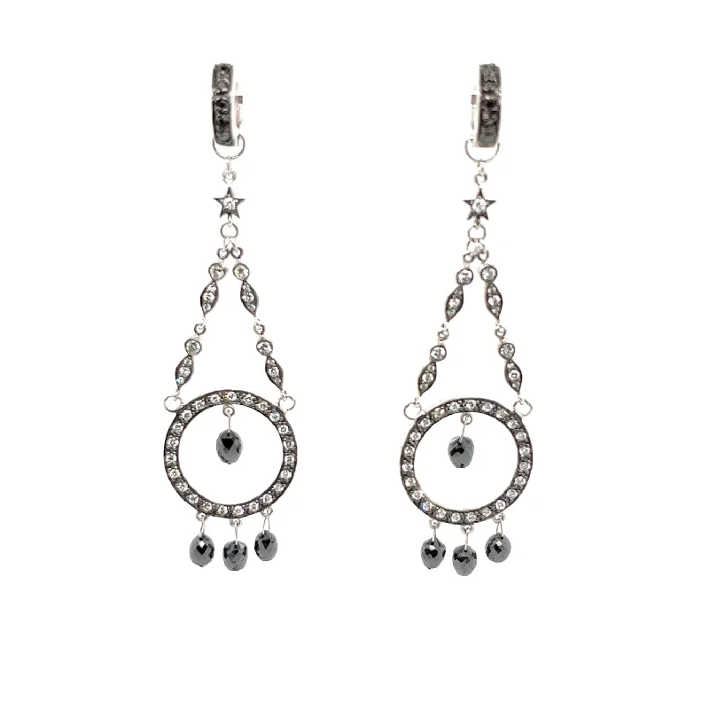 18kt White Gold Mini Hoop With Black + White Diamond Detachable Chandelier Earrings