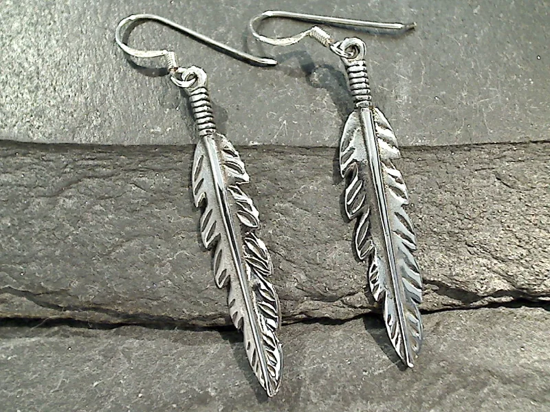 Sterling Silver Long Feather Earrings