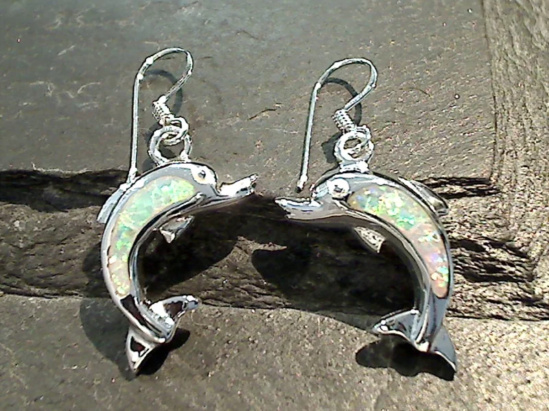 Lab Created Opal, Sterling Silver Dolphin Earrings