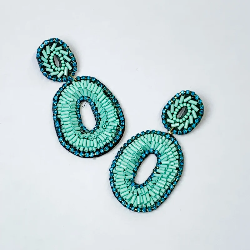 Bugle Bead Oval Earrings in Turquoise Blue