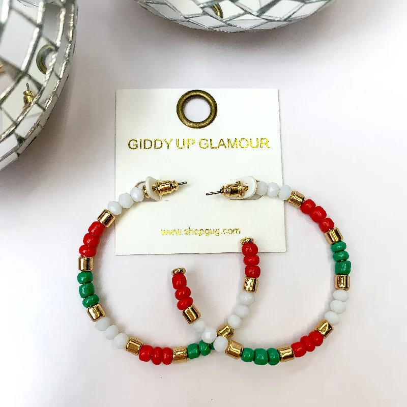 Candy Cane Lane Hoop Earrings in Gold Tone with Red, White, and Green Beads