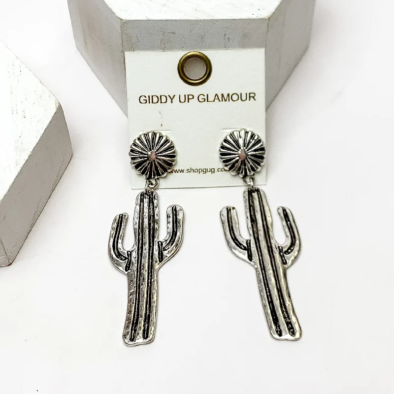 Country Cactus Silver Tone Earrings