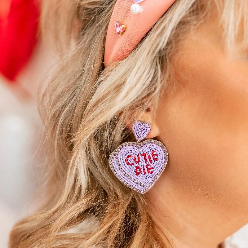 Cutie Pie Beaded Conversation Hearts Earrings in Purple